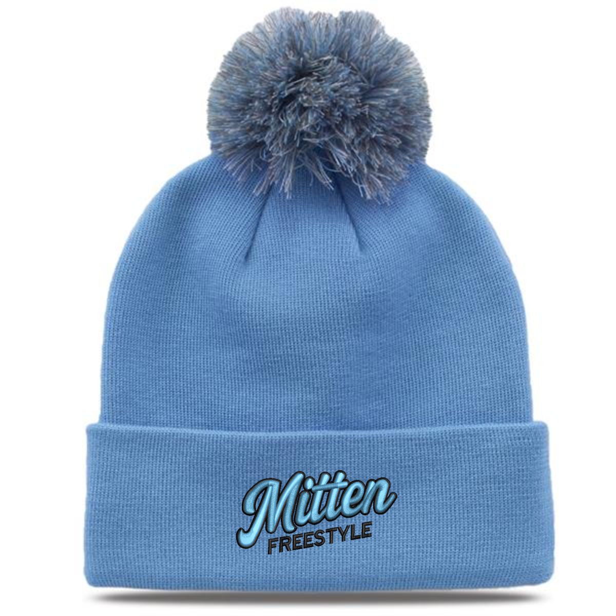 ~Mitten Freestyle Rollup Beanie With Pom - Columbia blue
