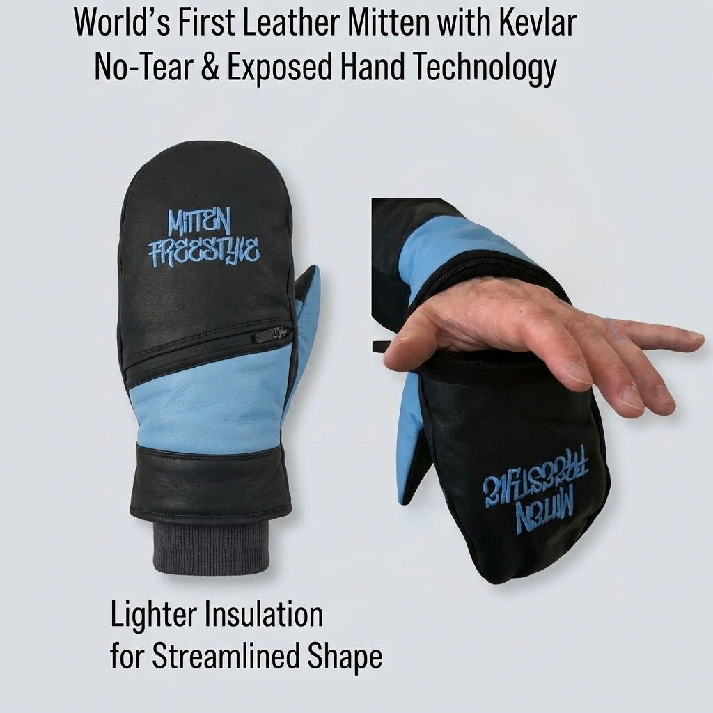 Mitten Freestyle Leather-Kevlar No-Tear Mitten + Exposed Hand Technology - Baby Blue / Black