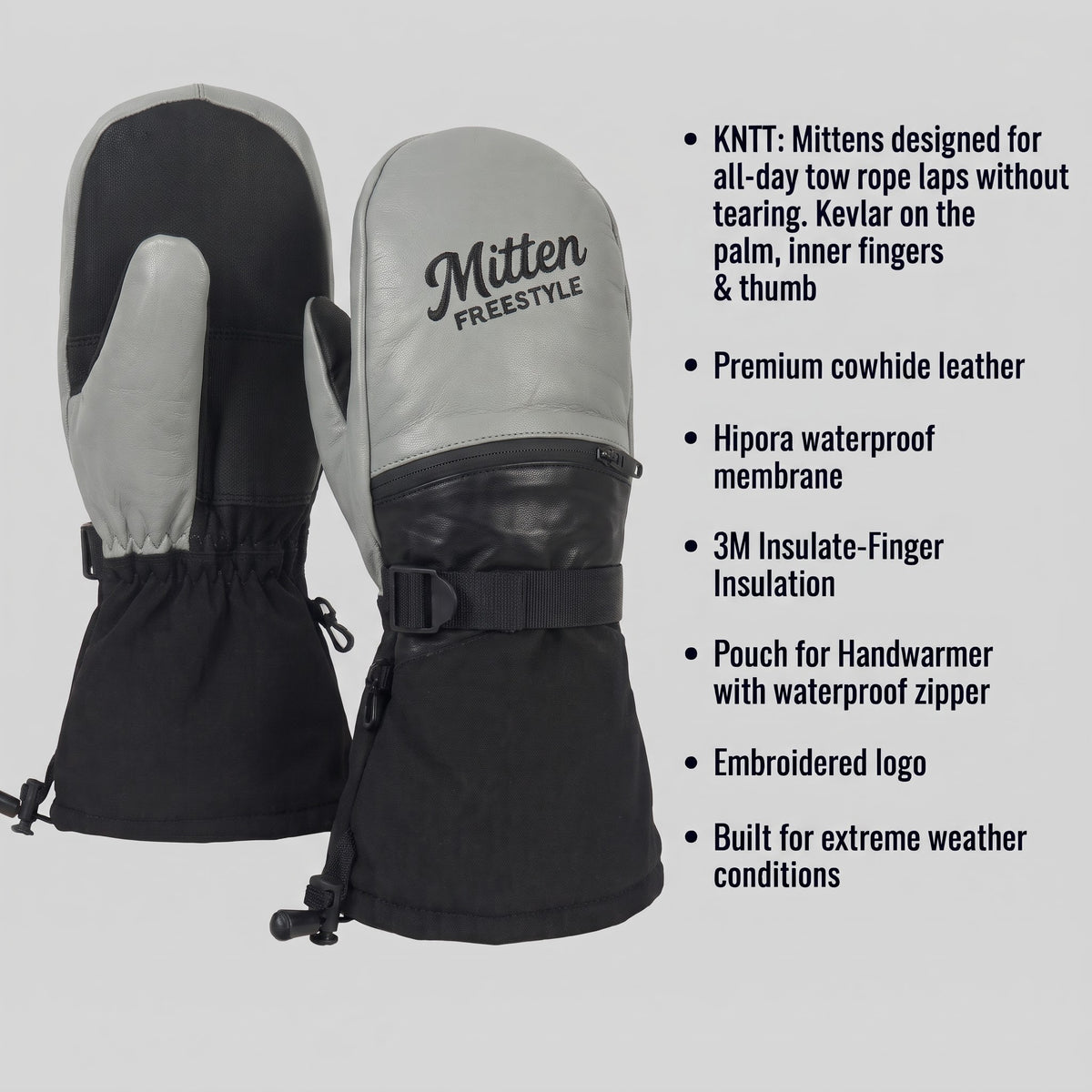 Mitten Freestyle Leather Mitten with Kevlar No-Tear Technology (KNTT) - Grey/Black - Retro Logo