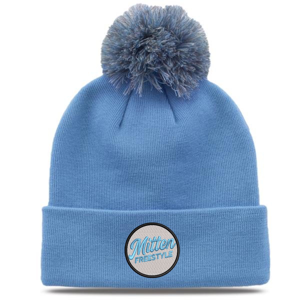 ~Mitten Freestyle Rollup Beanie With Pom - Columbia blue