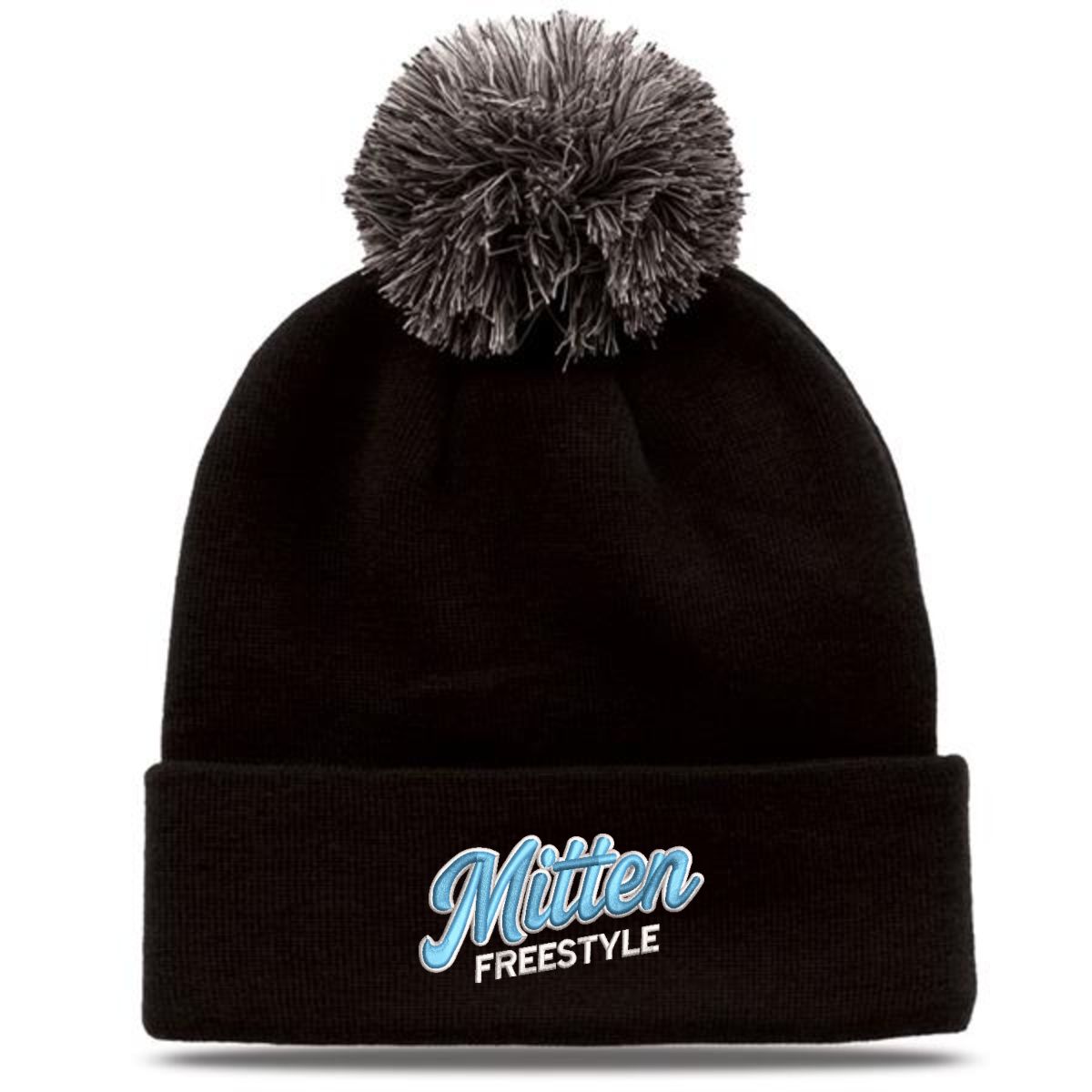 ~Mitten Freestyle Rollup Beanie With Pom - black
