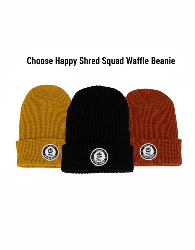 Skroove Choose Happy Shred Squad Waffle Beanie - available in Black, Rust, Mustard